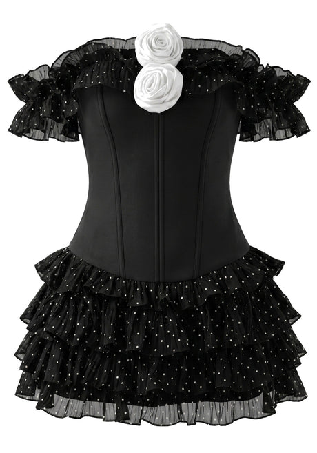 Ruffle Bardot Corset Two Piece Dress Black