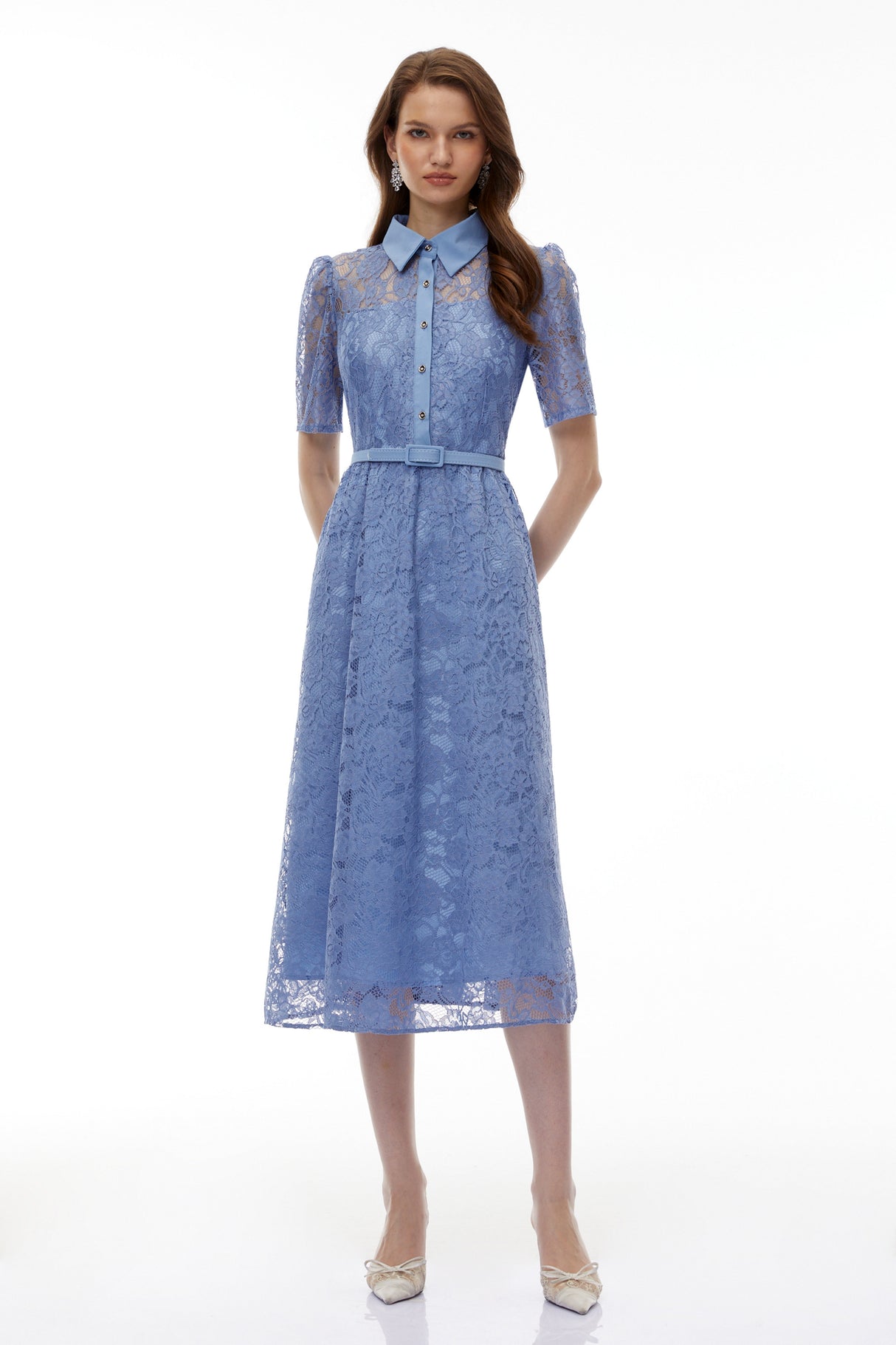 Aurohaya Ruqayya Blue FLoral Lace Midi Dress