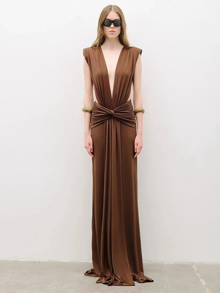 Aurohaya Marielle Deep V Ruched Maxi Dress