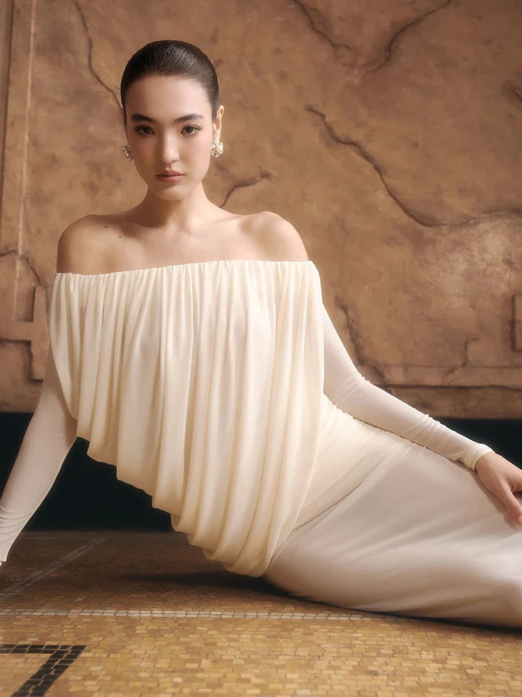 Aurohaya Apolline Off-Shoulder Draped Evening Maxi Dress