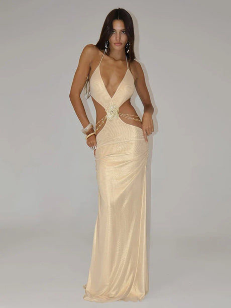 Aurohaya Roxane Satin Halter Neck Cutout Maxi Dress Gold