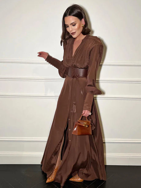 Aurohaya Amarante Deep V Long Sleeve Maxi Dress