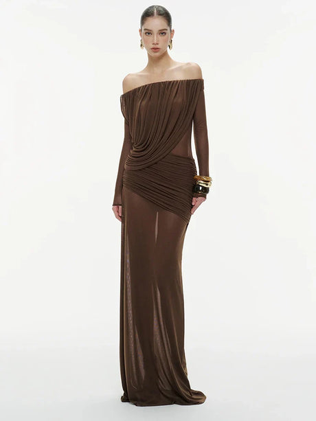 Aurohaya Apolline Off-Shoulder Draped Evening Maxi Dress Dark Brown