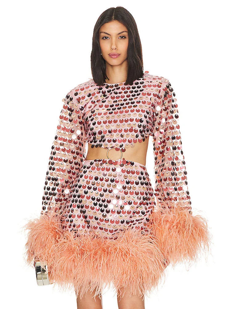 Aurohaya Rosamonde Sequin Two Piece Set Mini Dress Pink