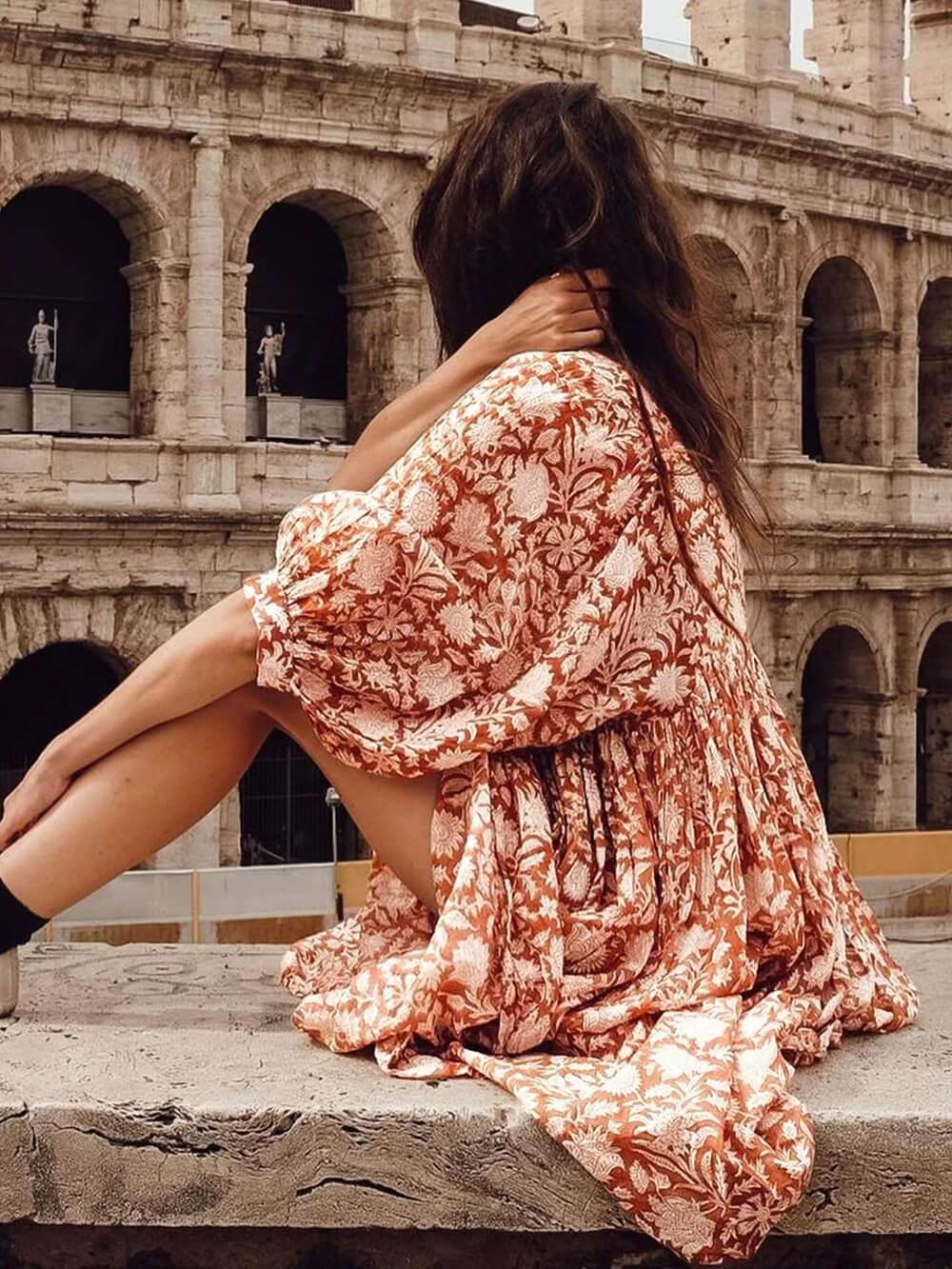 Aurohaya Vacation Retro Style Loose Printed Dress