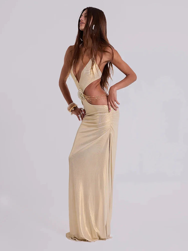 Aurohaya Roxane Satin Halter Neck Cutout Maxi Dress