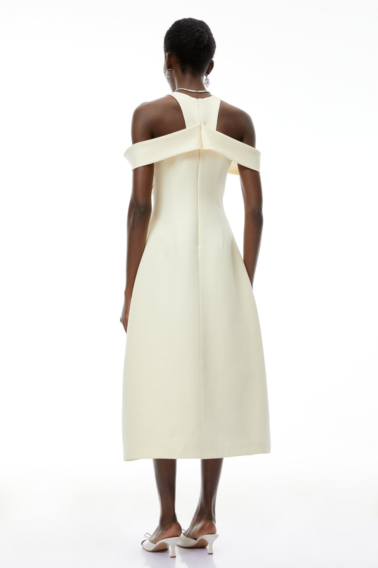 Aurohaya Saara Neutral Cold Shoulder Ruched Midi Dress