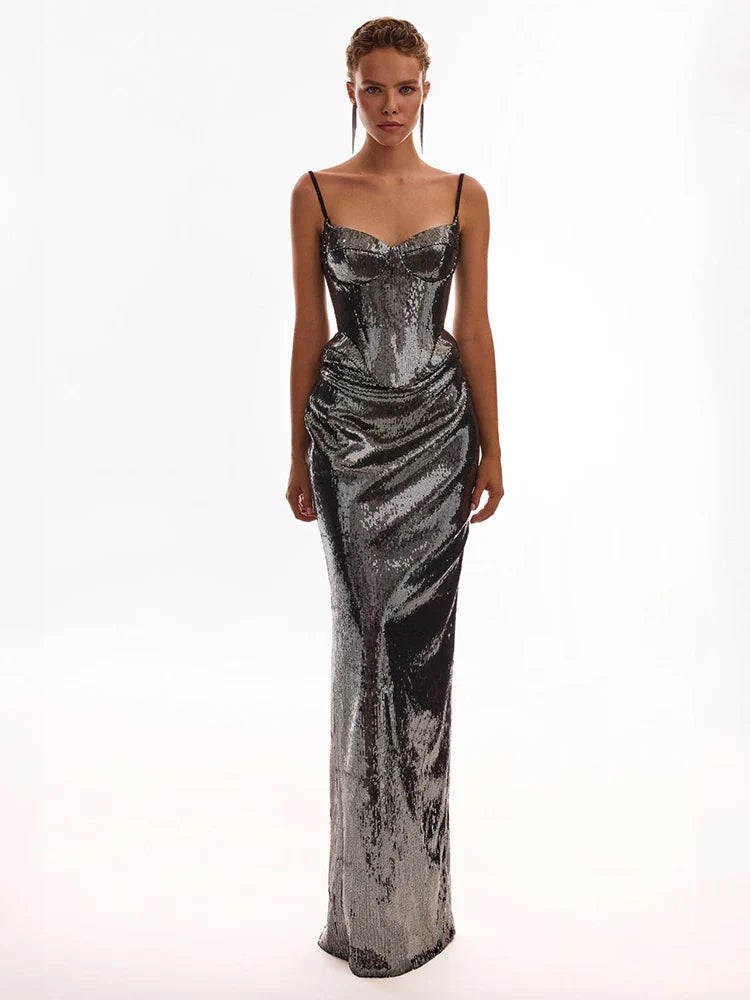 Aurohaya Idalie Sequin Bustier Maxi Dress