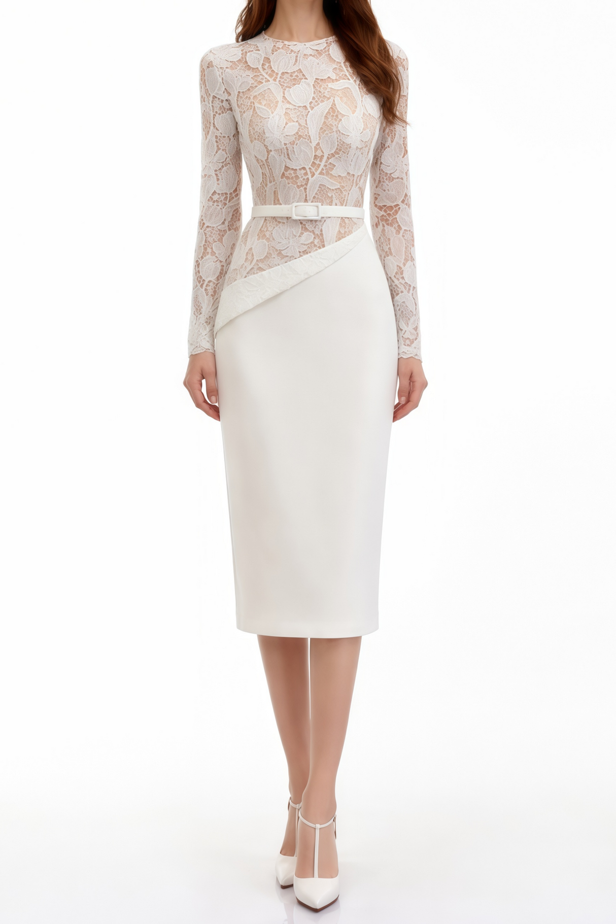 Aurohaya Sabine White Lace Panel Midi Dress
