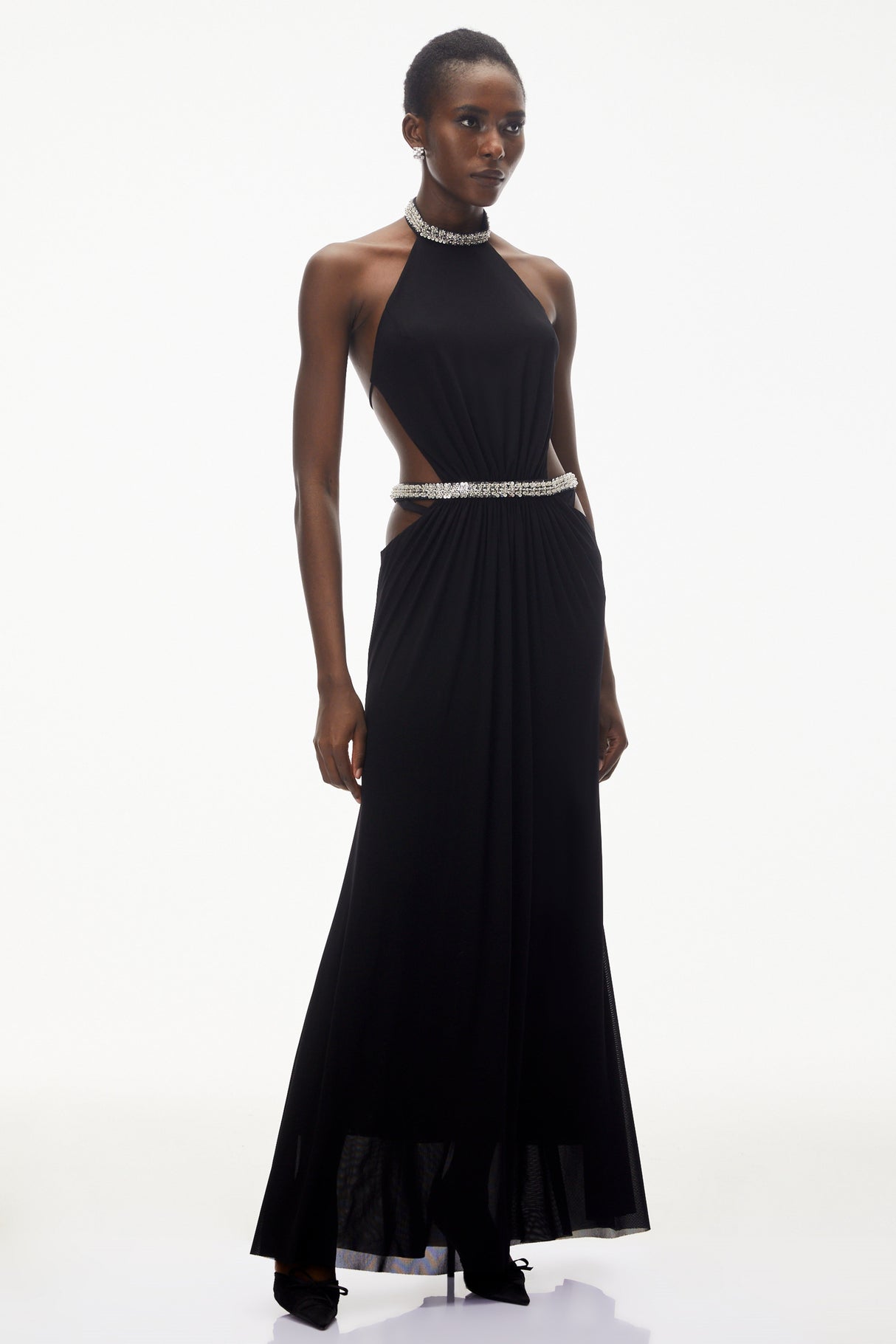 Aurohaya Sabra Black Open Back Maxi Dress with Crystals