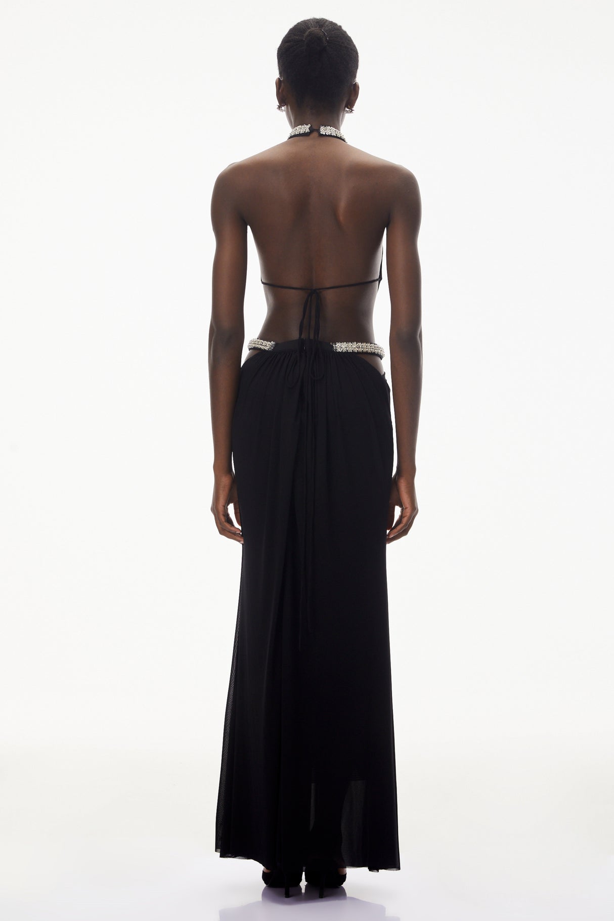 Aurohaya Sabra Black Open Back Maxi Dress with Crystals