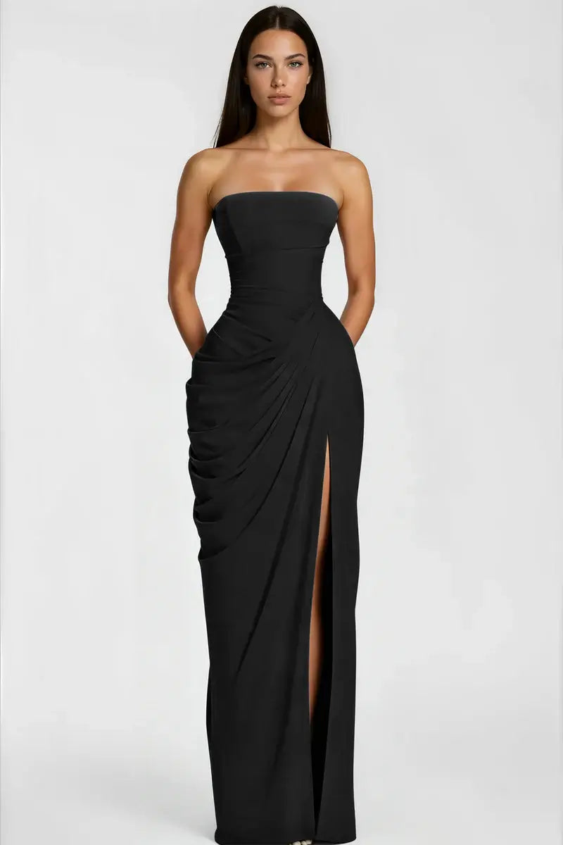 Azalée Strapless Draped High-Slit Maxi Dress / Black