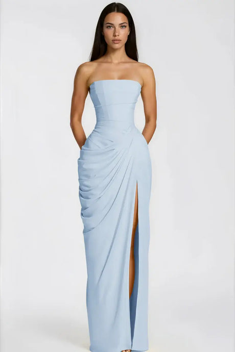 Aurohaya Azalée Strapless Draped High-Slit Maxi Dress Blue