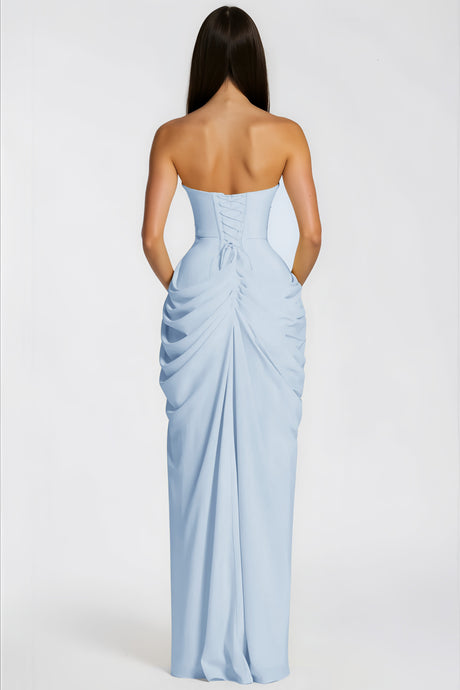 Aurohaya Safiya Blue Ruched Maxi Dress with Cross Front