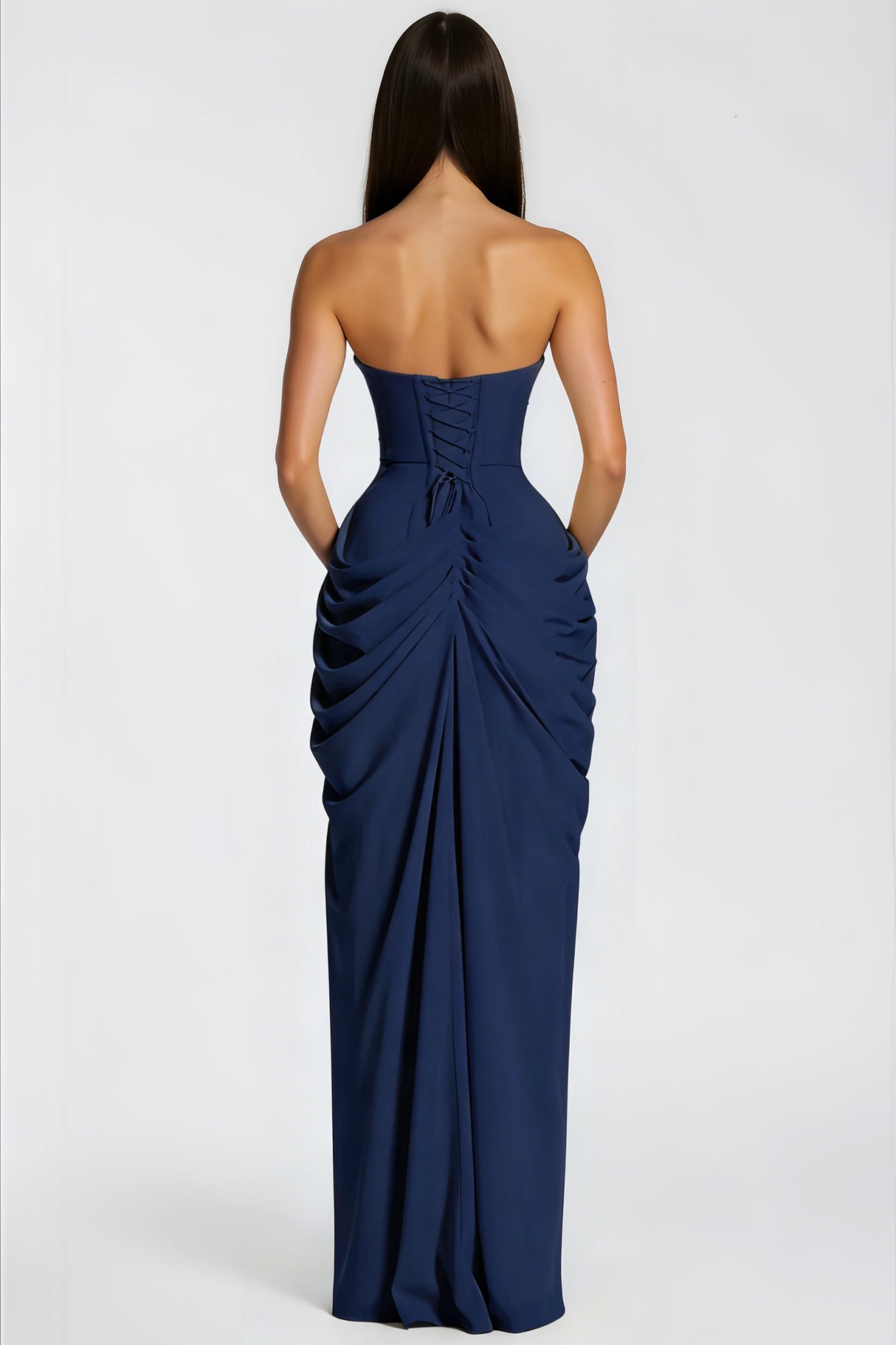 Aurohaya Safiya Navy Blue Ruched Maxi Dress with Cross Front