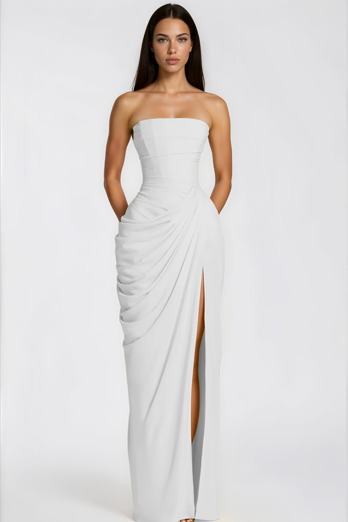Aurohaya Safiya White Ruched Maxi Dress with Cross Front