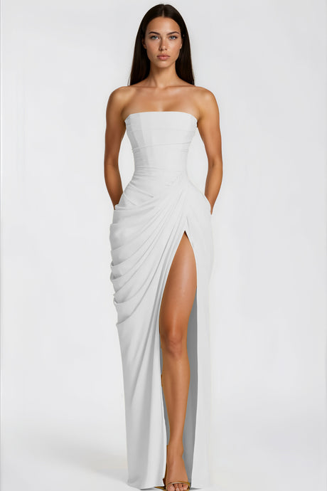 Aurohaya Safiya White Ruched Maxi Dress with Cross Front