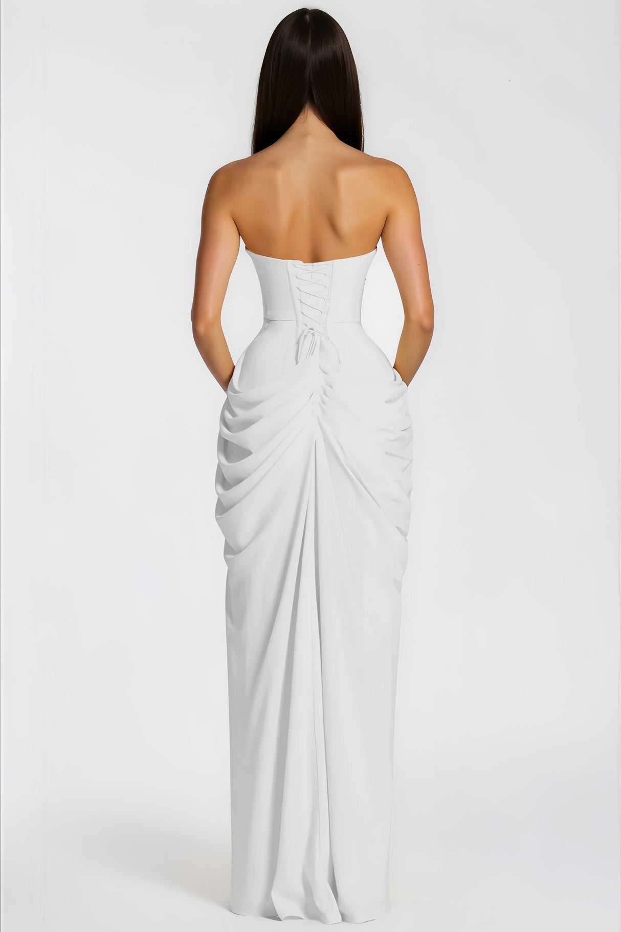 Aurohaya Safiya White Ruched Maxi Dress with Cross Front