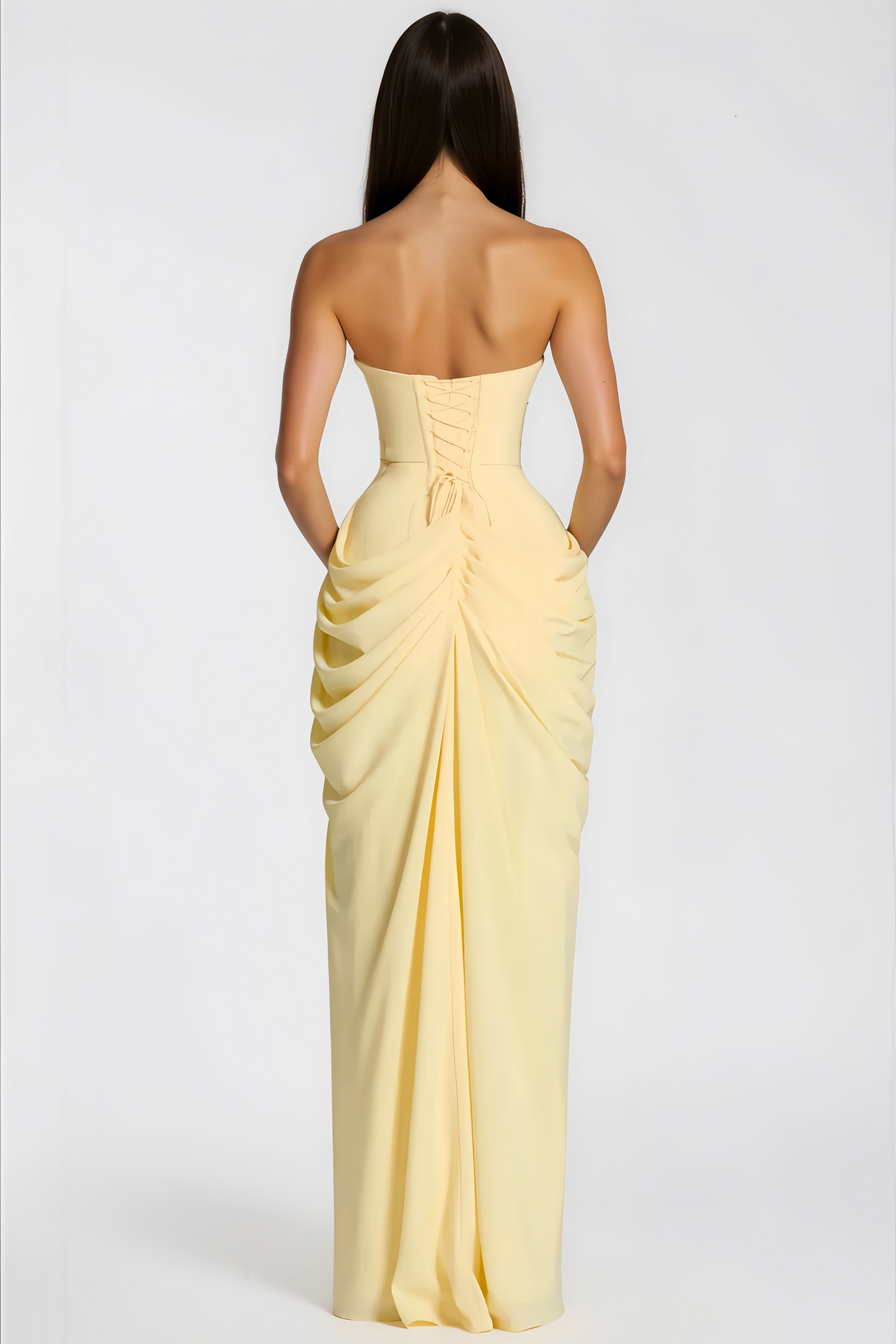 Aurohaya Safiya Yellow Ruched Maxi Dress with Cross Front