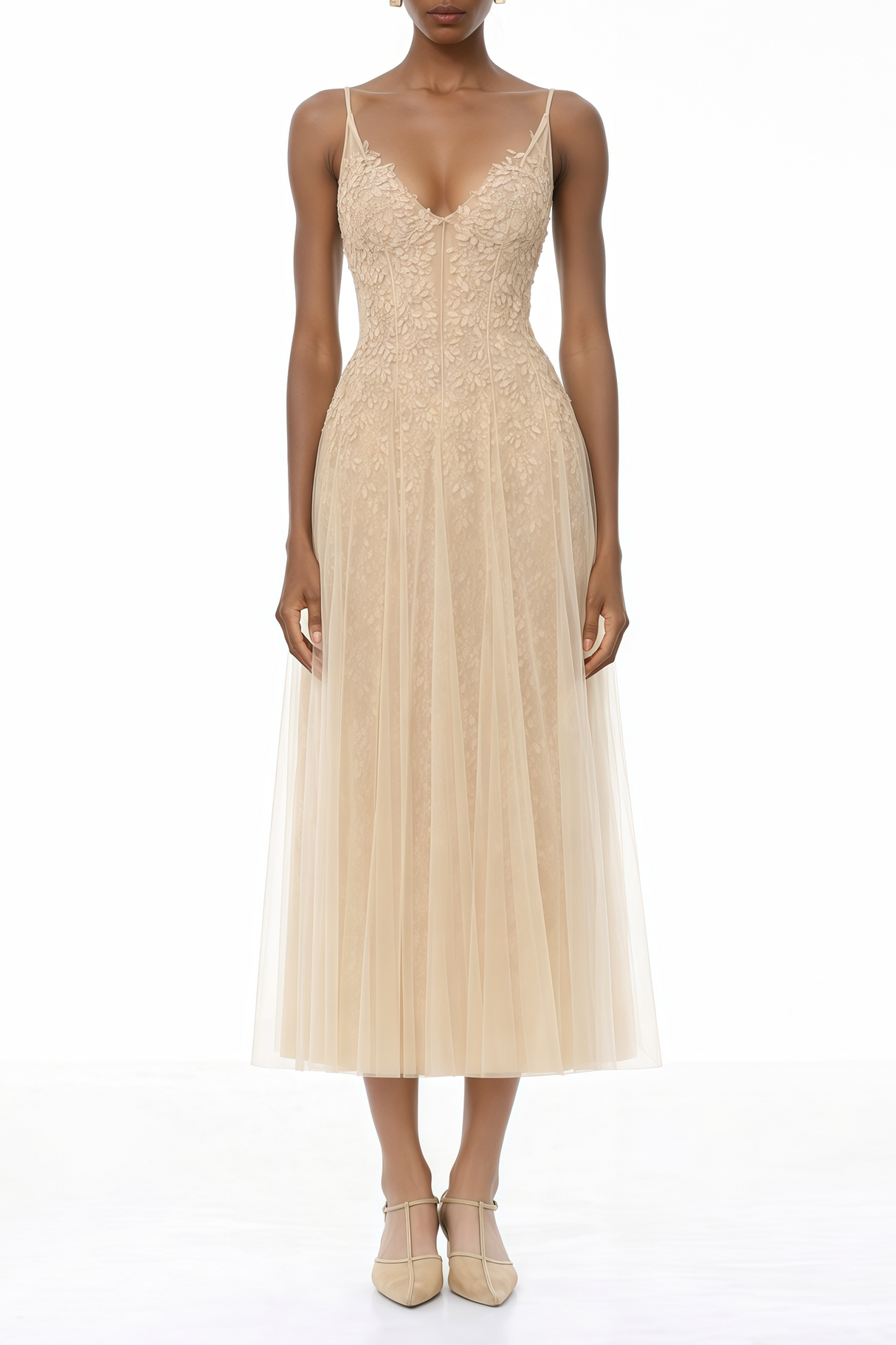 Aurohaya Saga Neutral Pleated Maxi Dress with 3D Petals