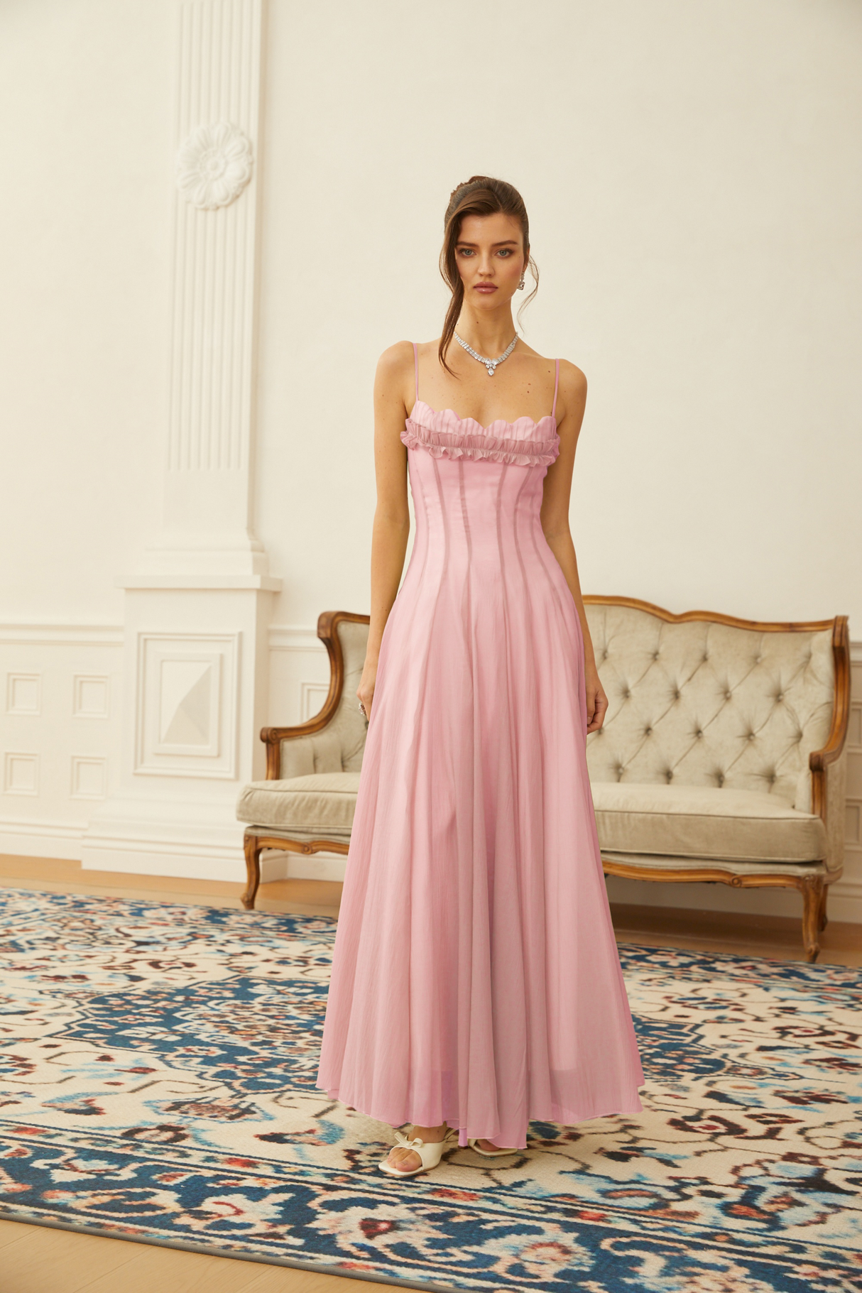 Aurohaya Sakura Ruffled Shirred Tulle Maxi Dress