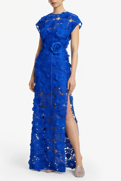 Aurohaya Jochebed Blue Floral Appliqué Maxi Dress witn Cut-Outs