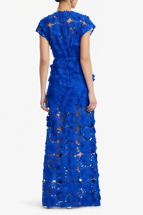 Aurohaya Jochebed Blue Floral Appliqué Maxi Dress witn Cut-Outs