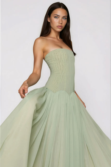 Aurohaya Salome Green Off Shoulder Pleated Maxi Dress