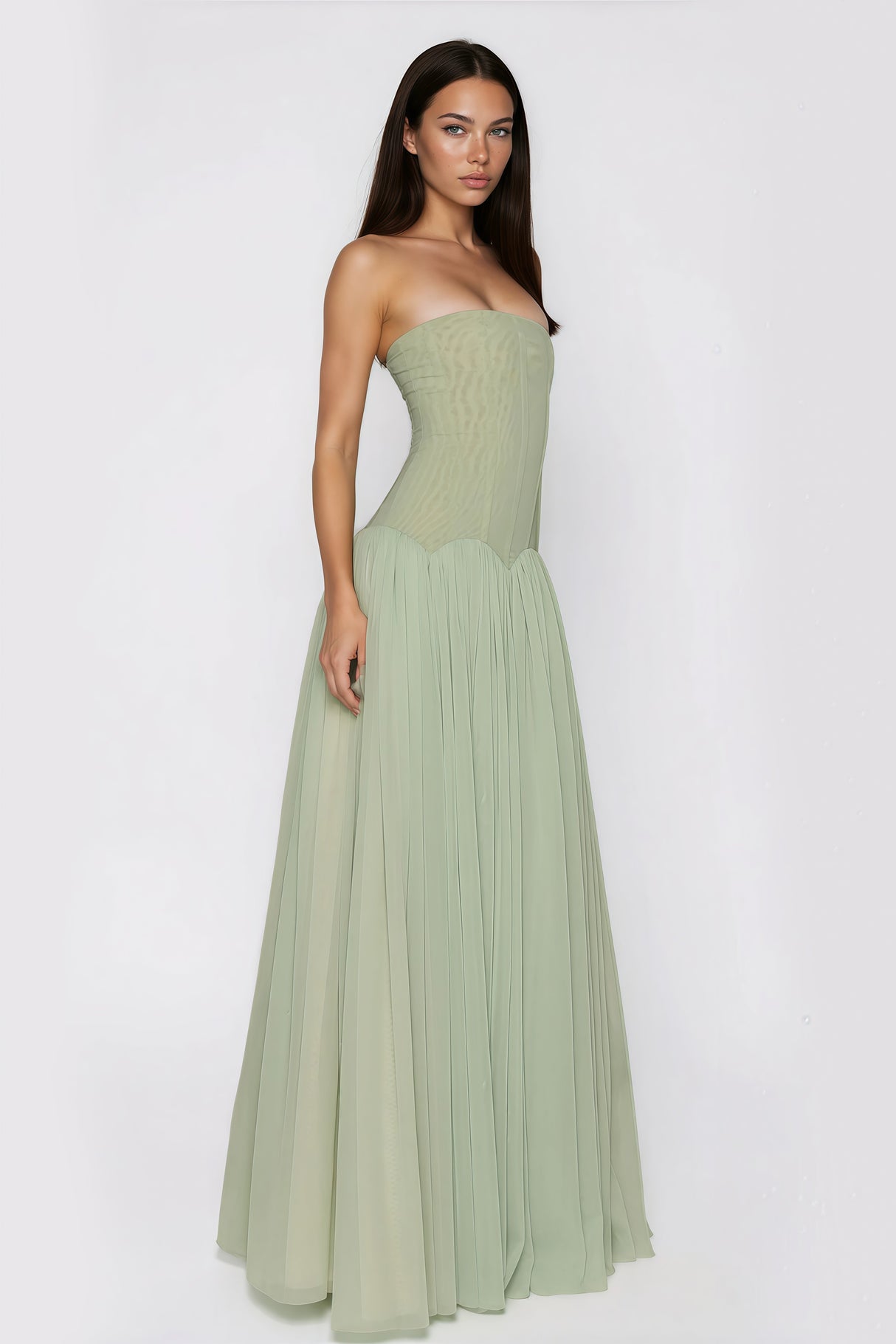 Aurohaya Salome Green Off Shoulder Pleated Maxi Dress
