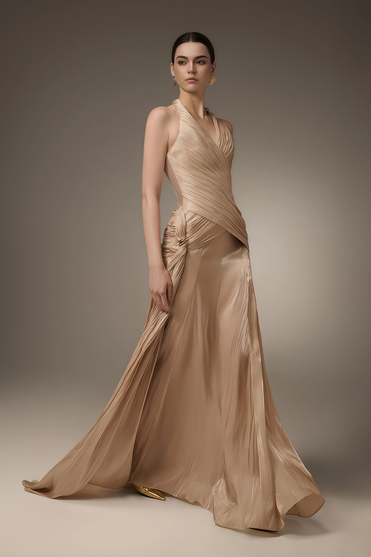 Aurohaya Sapir Bronze Halterneck Satin Maxi Dress with Ribbon