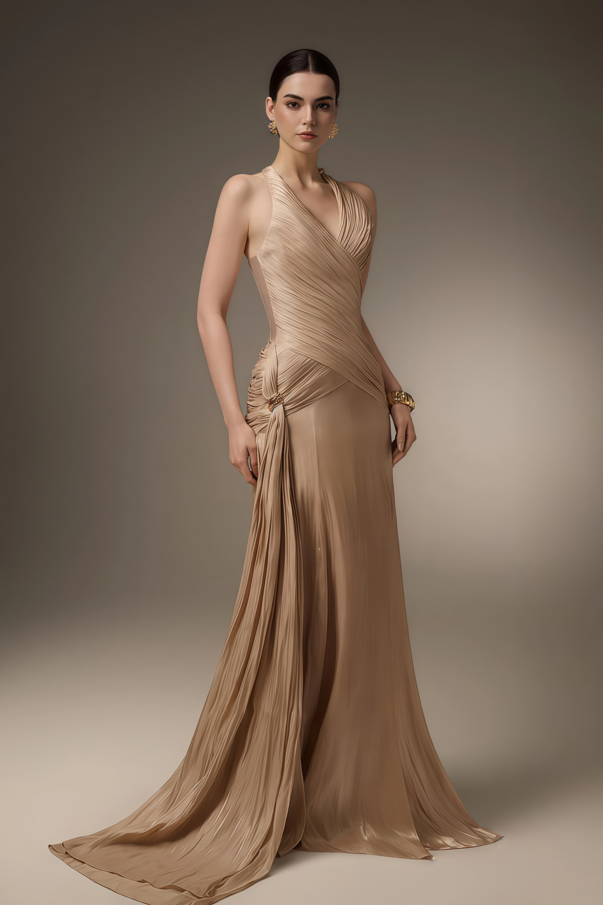 Aurohaya Sapir Bronze Halterneck Satin Maxi Dress with Ribbon
