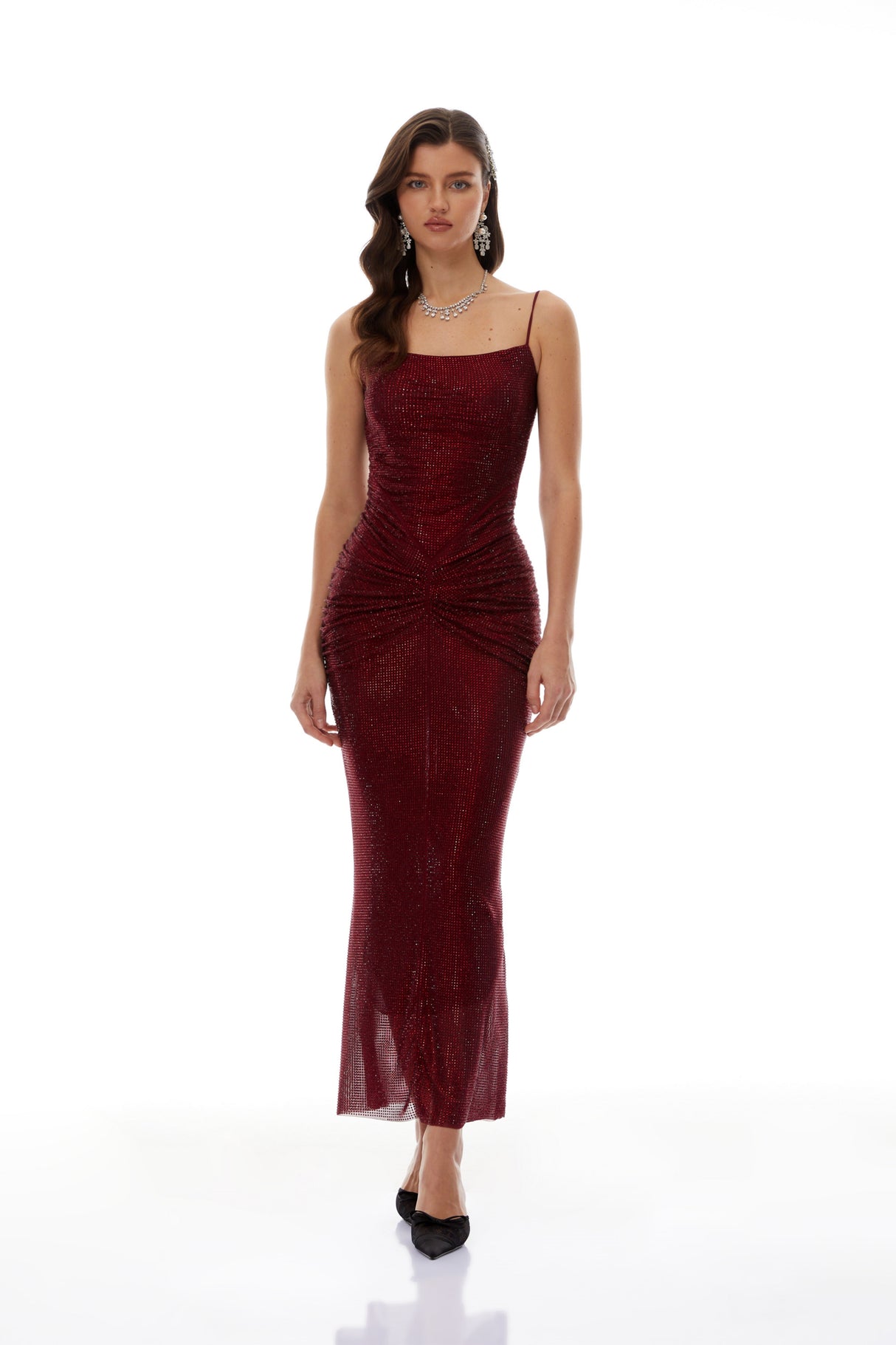 Aurohaya Sara Burgundy Rhinestone Ruched Maxi Gown