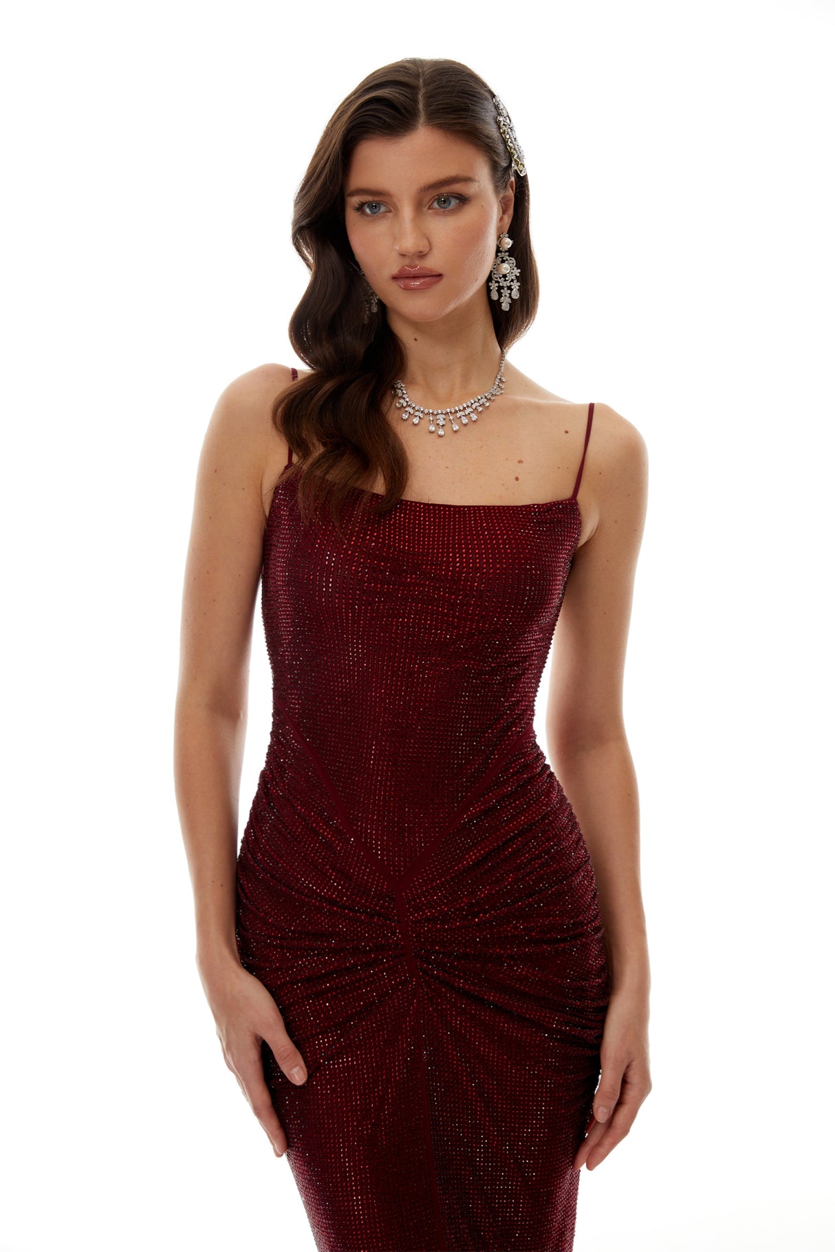 Aurohaya Sara Burgundy Rhinestone Ruched Maxi Gown