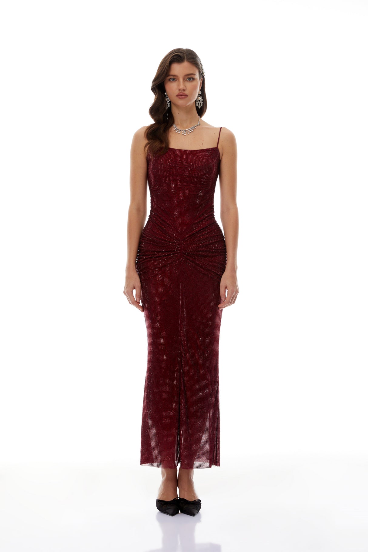Aurohaya Sara Burgundy Rhinestone Ruched Maxi Gown