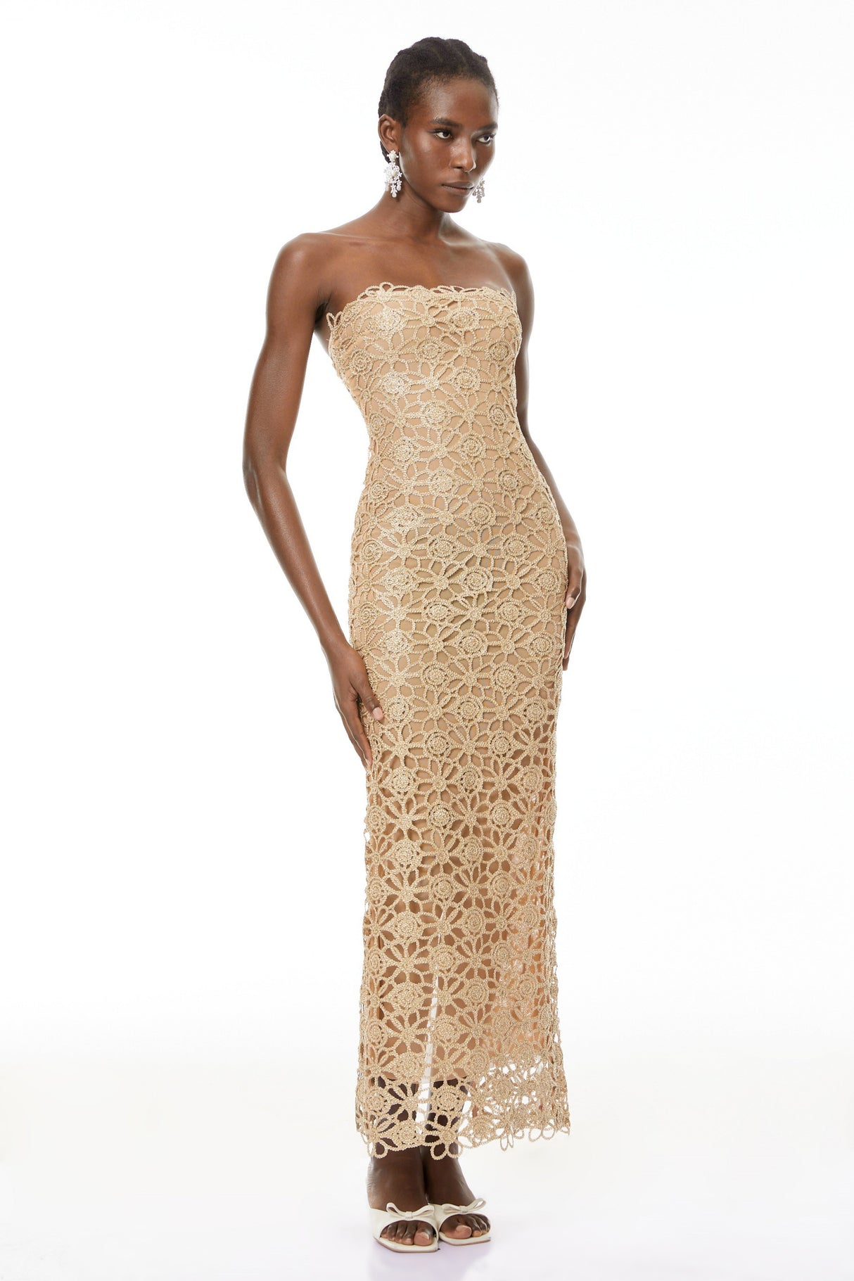Aurohaya Saúl Gold Cut-Out Floral Embroidered Maxi Dress