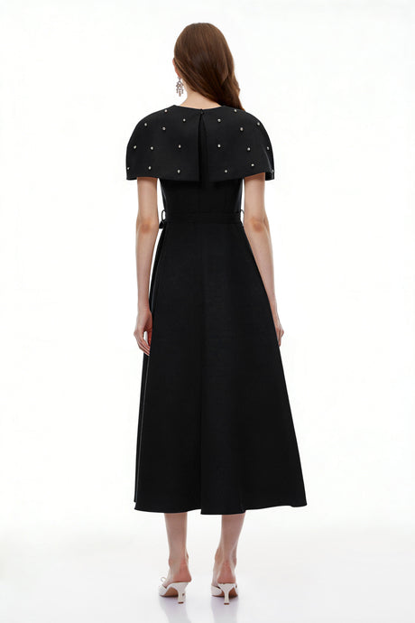 Aurohaya Sawda Black Embellished Midi Dress with Cape