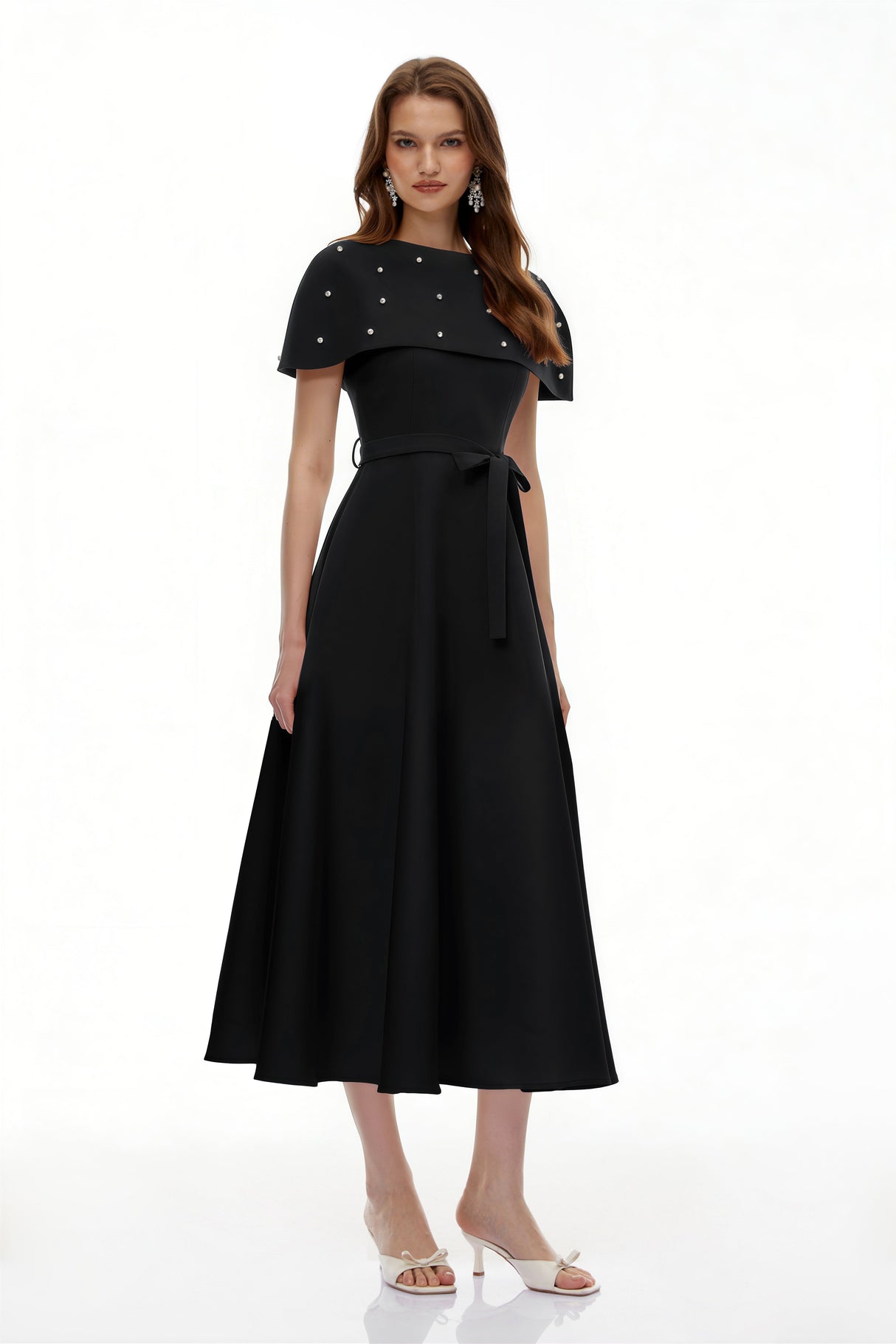 Aurohaya Sawda Black Embellished Midi Dress with Cape