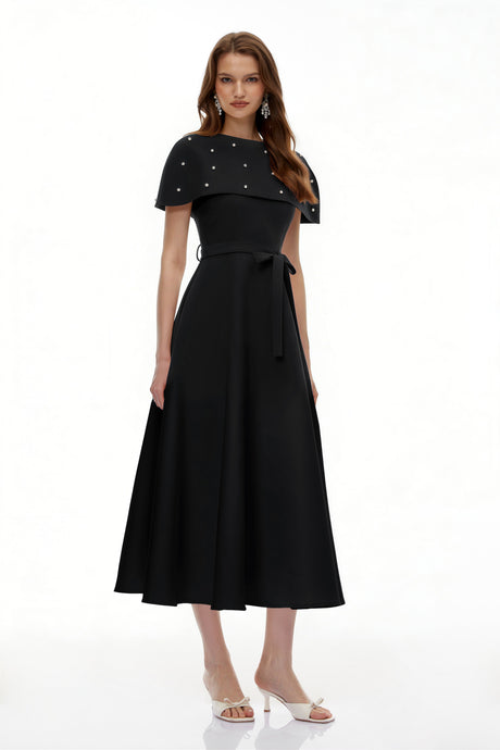 Aurohaya Sawda Black Embellished Midi Dress with Cape