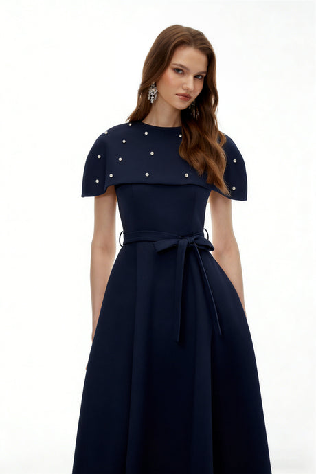 Aurohaya Sawda Blue Embellished Midi Dress with Cape