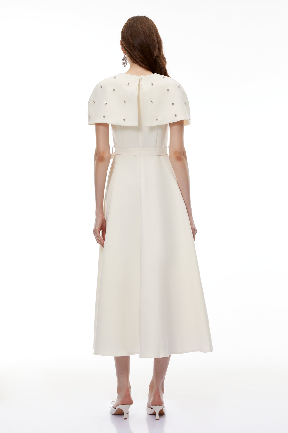 Aurohaya Sawda White Embellished Midi Dress with Cape