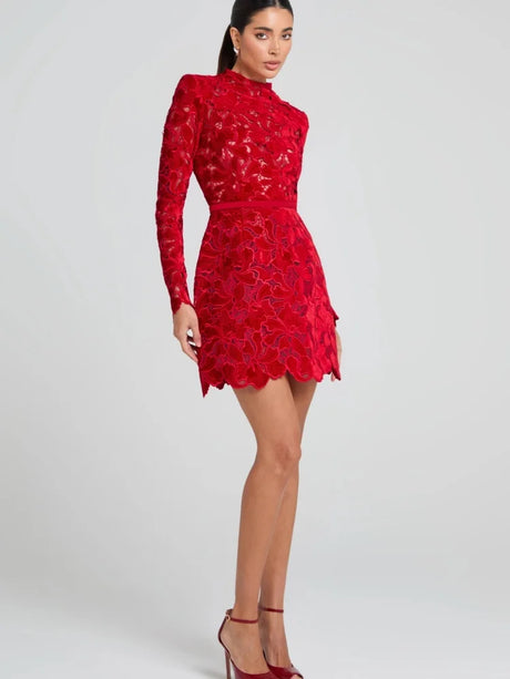 Aurohaya Violette Lace Long Sleeve Mini Dress Red