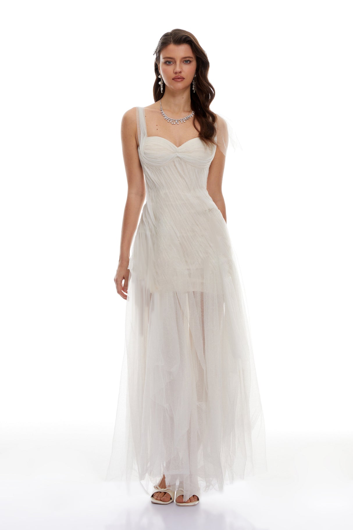 Aurohaya Scarlett White Tulle Corset Maxi Dress