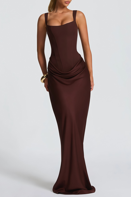 Aurohaya Paulette Brown Ruched Corset Maxi Dress