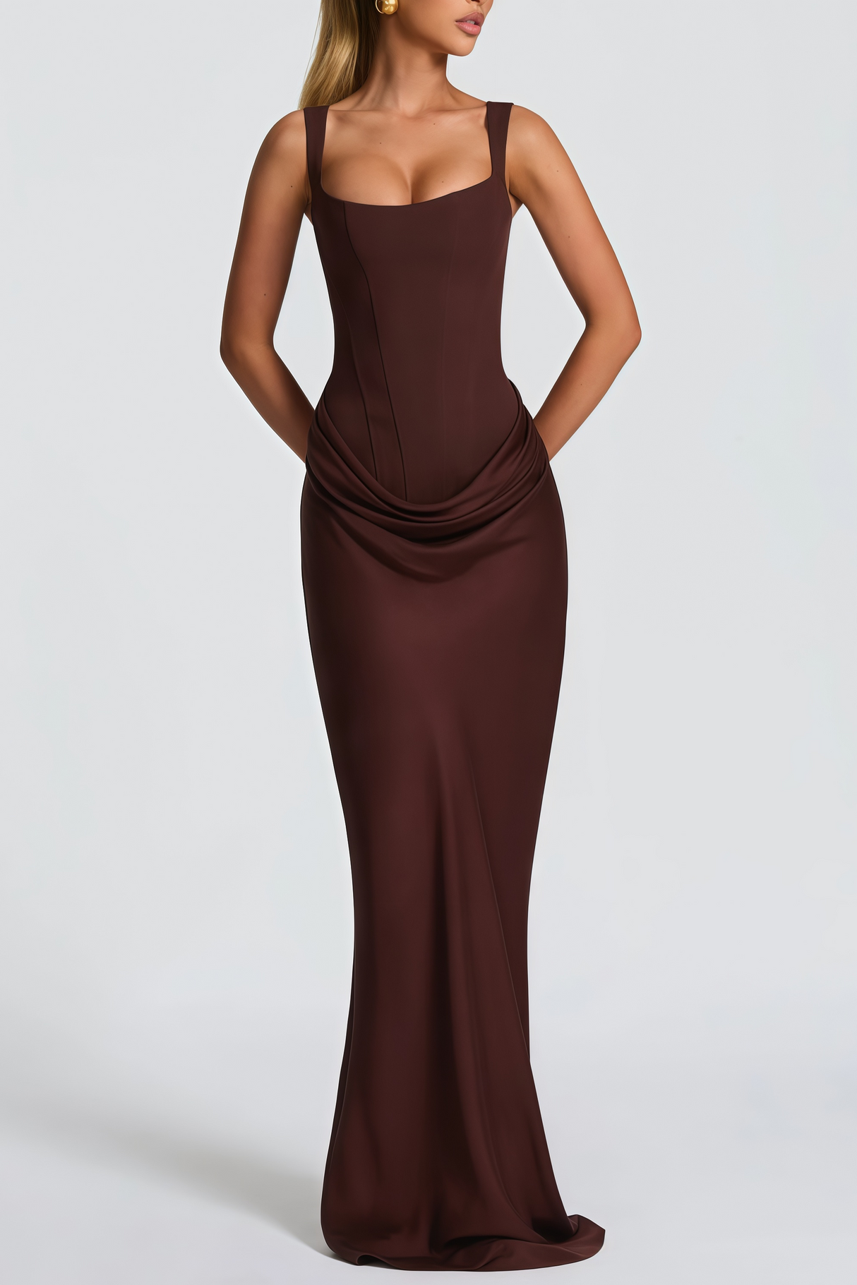 Aurohaya Paulette Brown Ruched Corset Maxi Dress
