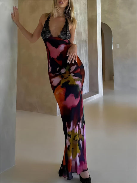 Aurohaya Sexy Deep V Lace Patchwork Printed Auspender Maxi Dress Multicolor