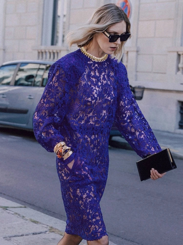 Aurohaya Émilia Lace Long Sleeve Midi Dress
