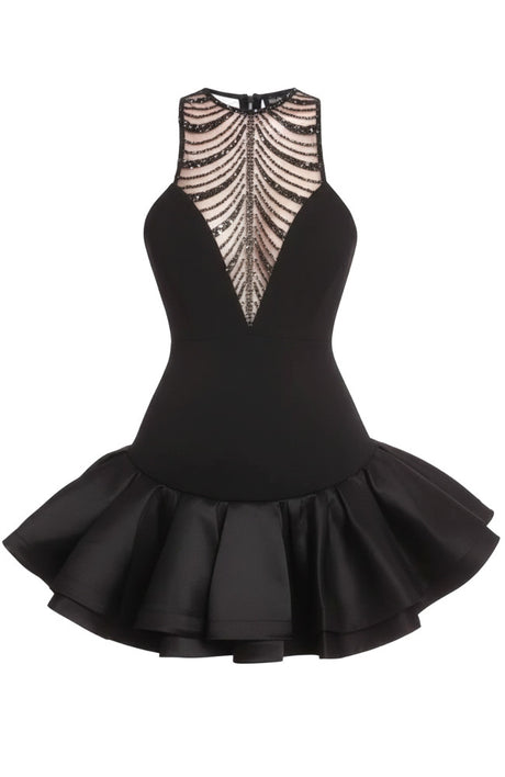 Sequined Mesh Ruffle Dress Black