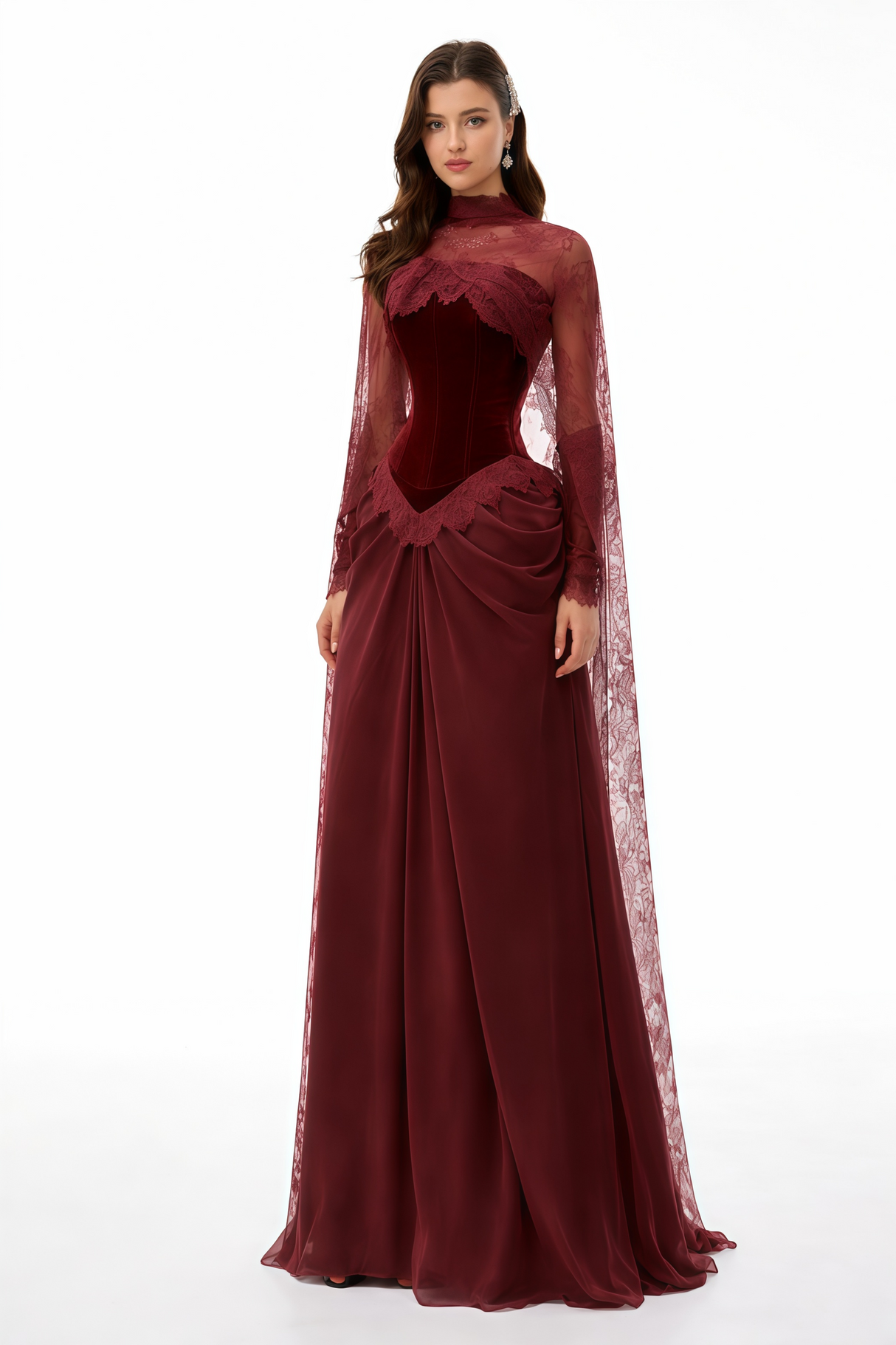 Aurohaya Seraphina Red Floral Lace Maxi Dress with Cape