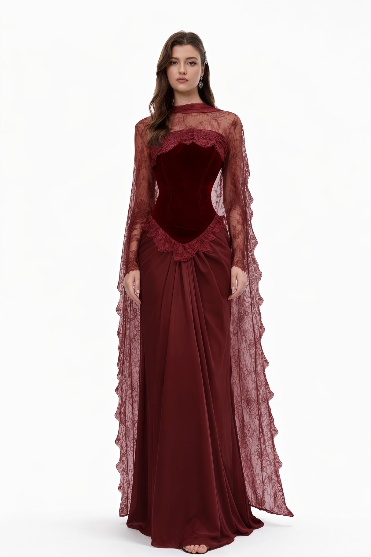 Aurohaya Seraphina Red Floral Lace Maxi Dress with Cape