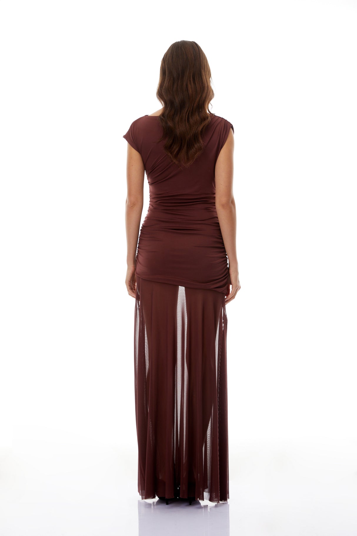 Aurohaya Seren Brown Ruched Tulle Panel Maxi Dress